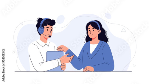 Customer service agent with headset helping woman with laptop, client support concept