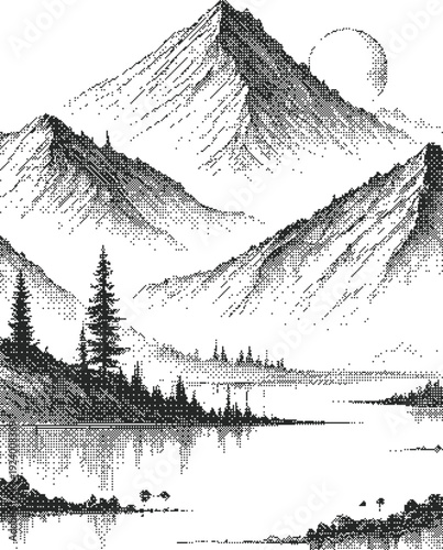 Mountain halftone dither lake reflection illustration with moon rising over alpine peaks