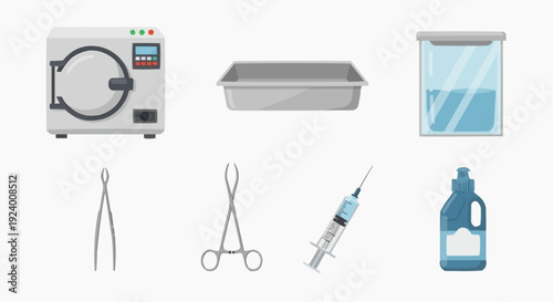 Medical instruments and equipment for surgery are displayed on a clean surface