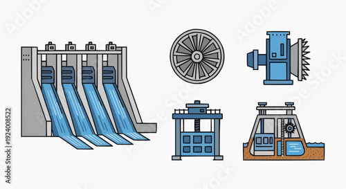 Industrial facility with hydroelectric turbines and machinery components in operation