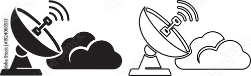 Vector illustration of a satellite dish and cloud icon in solid silhouette and outline styles, representing wireless network communication, data transmission, and broadcast technology.
