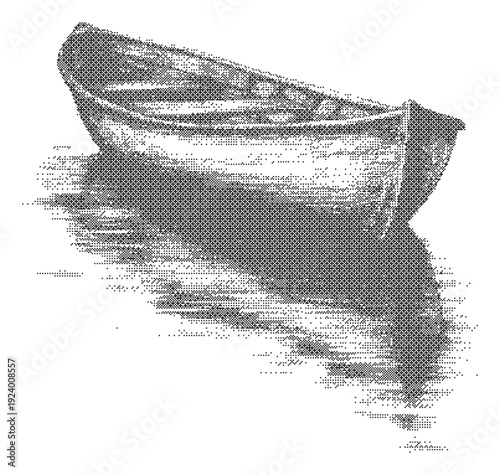 Boat halftone dither illustration of wooden rowboat resting on calm reflective lake near quiet shore