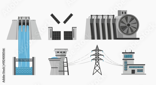 Industrial complex generates power with turbines and transmission towers nearby a dam