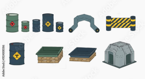 Industrial items are arranged on a plain surface with hazardous containers nearby