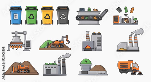 Waste management process with recycling trucks and industrial facilities operating outside