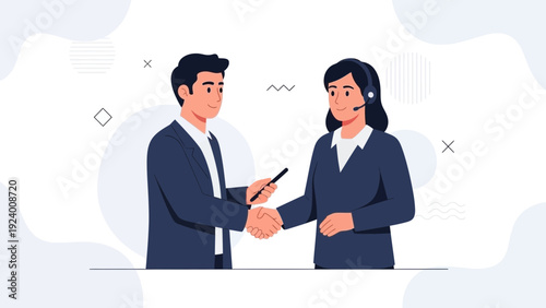 Business handshake between man and woman operator with headset, agreement, teamwork