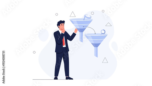 Businessman using funnel system for data filtering and analysis concept