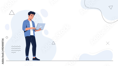 Young Man Working on Laptop, Modern Flat Design with Abstract Shapes