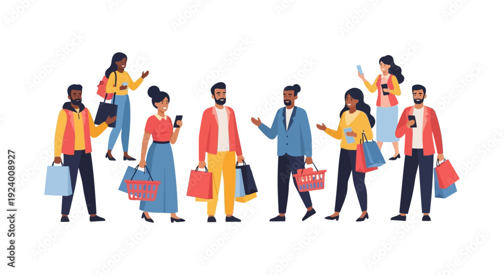 Fototapeta premium Diverse Shoppers Group with Bags & Baskets. Flat Illustration of Happy Customers and Retail Experience.