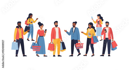 Diverse Shoppers Group with Bags & Baskets. Flat Illustration of Happy Customers and Retail Experience.