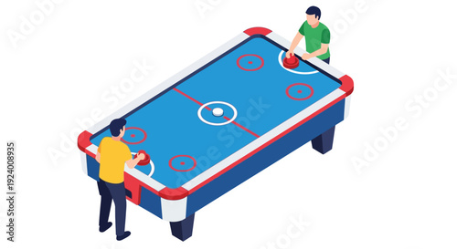 Isometric view of two people playing air hockey on a blue table