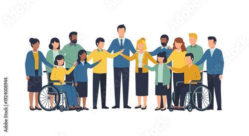 Diverse and Inclusive Business Team: Professionals Collaborating, Supporting Colleagues with Disabilities. Concept of Unity, Equality & Community.