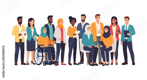 Diverse and Inclusive Business Team Standing Together. Multicultural Professional Group with Disability and Hijab. Modern Flat Vector Illustration.
