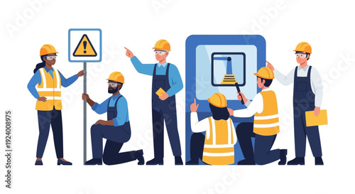 Construction Team Collaboration: Diverse Workers Planning Project Safety, Engineering, and Site Management. Industrial Training & Development Vector.