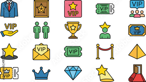 VIP premium membership icon set with badges, tickets, crown, trophy, diamond and exclusive service symbols vector illustration