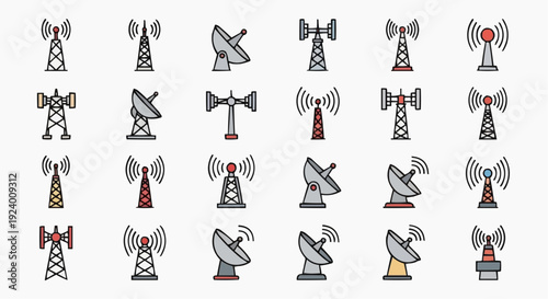 The image shows various communication towers and satellite dishes arranged in rows on a plain surface.
