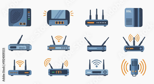 Various internet routers and modems on display in a technology setting