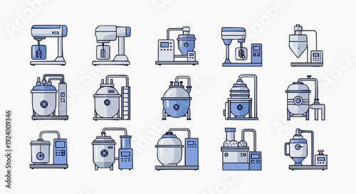 Industrial equipment icons showcase various machines in a factory setting with technology
