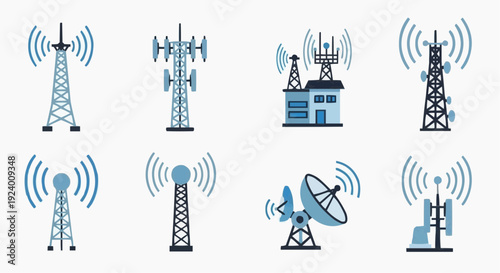 A collection of various communication towers and antennas transmitting signals