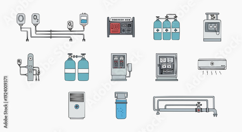 Industrial machinery and equipment in a factory setting with various tools and devices