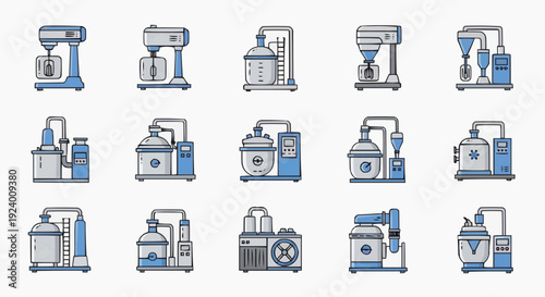 Various industrial machines are displayed on a clean background in a factory setting.