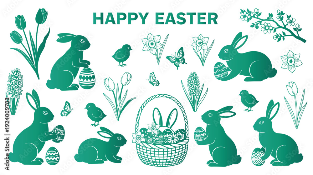 Obraz premium A festive Easter illustration featuring bunnies, eggs, and flowers in green.
