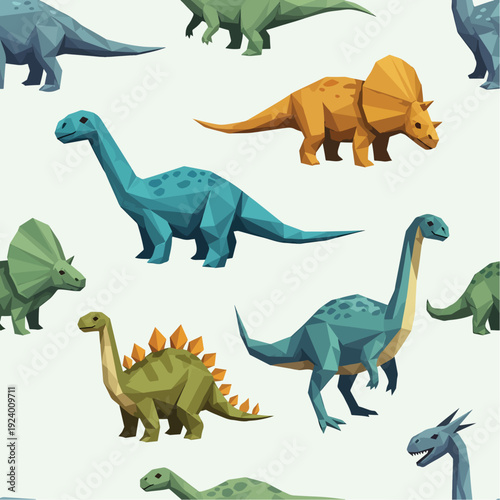 Colorful geometric illustration of various dinosaurs on a plain white background pattern.