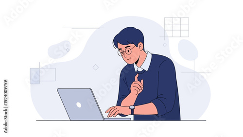 Young Man Working on Laptop, Digital Illustration, Modern Office Life