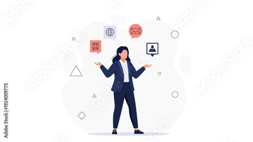 Businesswoman juggling digital icons representing data, communication, and management