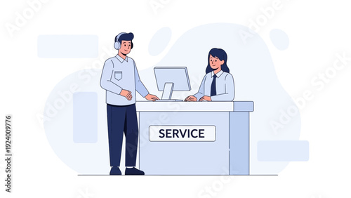 Customer service representative assisting client at reception desk with 'Service' sign.
