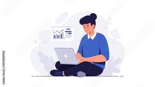 Young person working on laptop with analytics chart, remote work concept