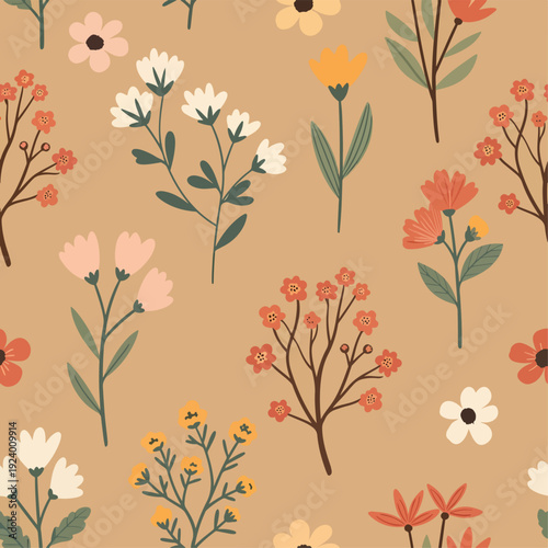Whimsical floral pattern design with hand-painted wildflowers and gentle earth-tone color palette