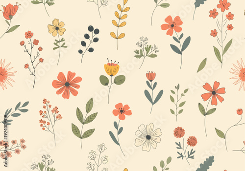 Charming seamless botanical illustration with pastel flowers, leaves, and cozy natural aesthetics