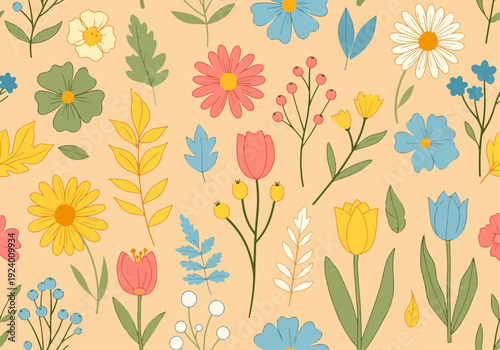 Fresh floral pattern with playful wildflowers and soft hand-painted illustration texture
