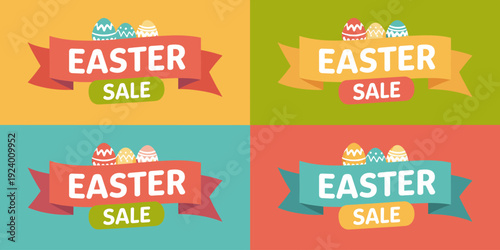 Vibrant Easter Sale Banners with Decorated Eggs and Festive Promotional Ribbons
