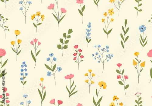 Playful seamless floral design with colorful blossoms and soft Scandinavian inspired aesthetics