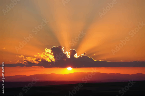 Dramatic sunset with radiant crepuscular sun rays over silhouetted mountains and clouds, 