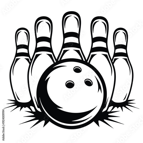 Black bowling ball and pins on a white background presents a dynamic sporty scene