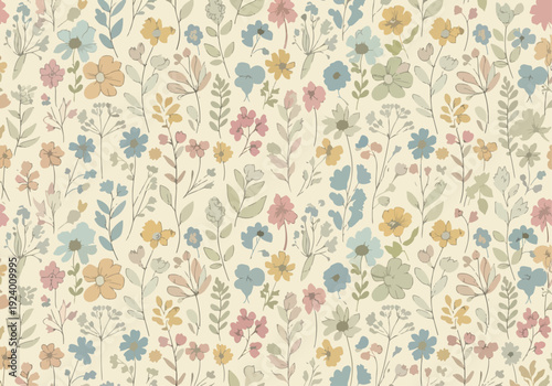 Playful seamless floral design with colorful blossoms and soft Scandinavian inspired aesthetics