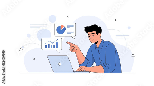 Man analyzing data on laptop with charts and graphs, business analytics concept