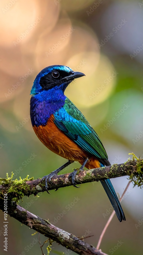 Obraz premium Colorful bird perched on a mossy branch, vivid plumage contrasting with soft, bokeh background