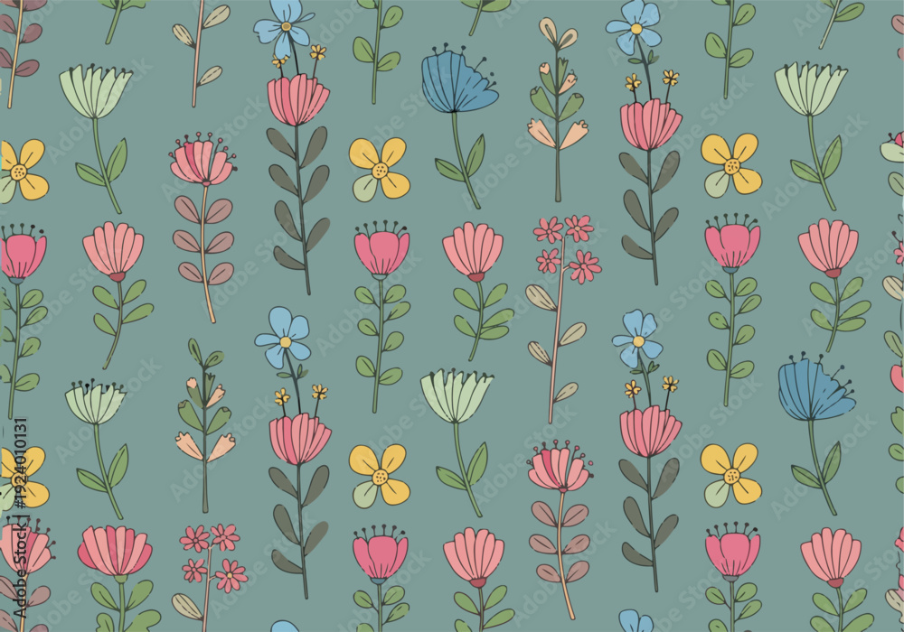 Fototapeta premium Decorative spring floral illustration with pastel blooms and flowing leaves