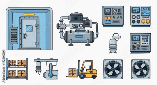 Industrial scene with machinery, equipment, factory, warehouse, and forklift operations