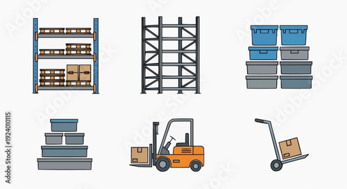 Forklift operates near shelves storing boxes and pallets in warehouse.