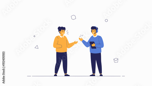 Two people talking, discussion, communication, business meeting, flat vector illustration