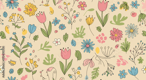 Soft spring floral pattern with whimsical wildflowers and calm botanical aesthetics