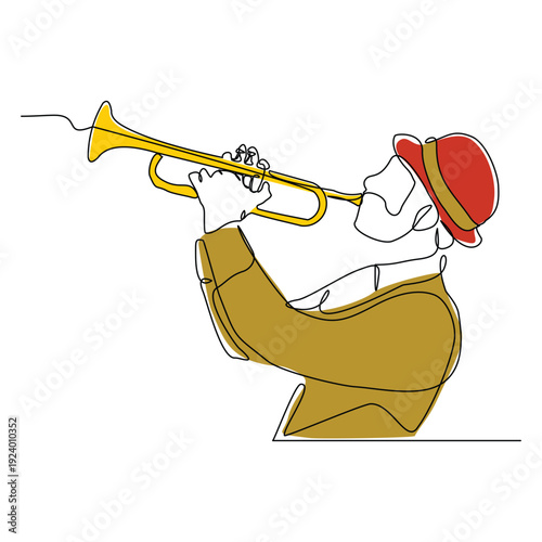 Continuous line sketch drawing of man musician classic jazz playing trumpet saxophone music instrument. One single line classic royal jazz orchestra editable stroke vector illustration