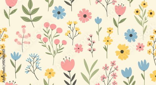 Cozy seamless floral pattern with hand-drawn flowers and warm color harmony