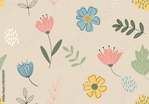 Gentle botanical pattern with pastel florals and flowing leafy arrangements