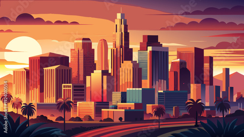 Very beautiful Los Angeles city skyline sunset vector illustration capturing glowing horizons and stylized skyscrapers in warm California tones ideal for travel and branding projects.
